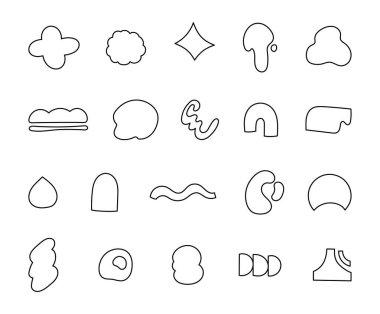 Çizim ve yaratıcı tasarım projeleriniz için dekoratif grafik elementlerde kullanmak üzere elle çizilmiş kavisli ve farklı biçimlere sahip soyut şekil seti