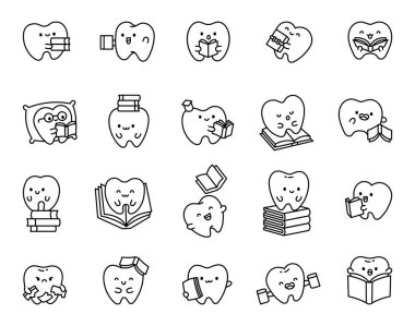 Sevimli diş karakteri seti gülümseyen duyguları gösteriyor kitap okuma aktiviteleri yapıyor gözlük takıyor yastığın üzerinde dinleniyor ve mezuniyet başarısını senin projen için kutluyor.