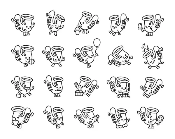 Sevimli duyguları olan saksafon karakteri ve ellerinde hazır kahve bardağı, içki, balon, meditasyon, çiçek, patlamış mısır, akıllı telefon, ayna, lolipop ve kitap aktiviteleri tutan büyüleyici selamlar.