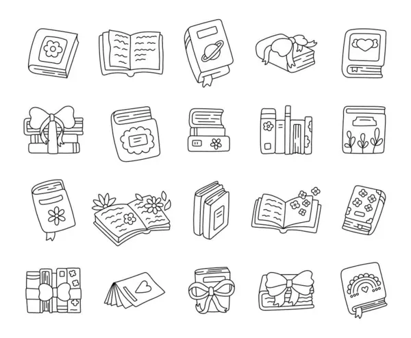 Kitap ana hatları çizilmiş sanat seti. Okuma anlarını rahatlatmak için el çizimi öğeler ve resim çizimleriniz ve yaratıcı tasarım projeleriniz için hazırlanmış samimi eğitim teması.