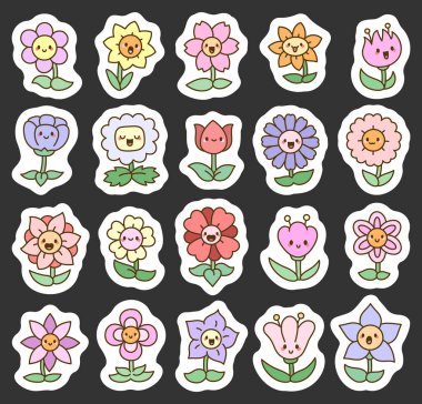 Çiçek seti sevimli karikatürlere sahiptir. Yüzleri olan sevimli bitkiler, neşeli duygular, bahar çiçekleri ve doğal mutlu bahçe resimleriniz ve yaratıcı tasarım projeleriniz için.