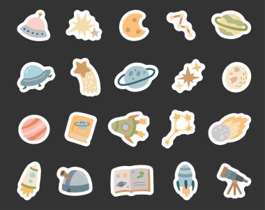 Gezegenler, roketler, teleskoplar, kitaplar, takımyıldızlar, uydular ve bilimsel elementlerin yer aldığı Astronomi İskandinav stili eğitim seti çizimleriniz ve yaratıcı tasarım projeleriniz için