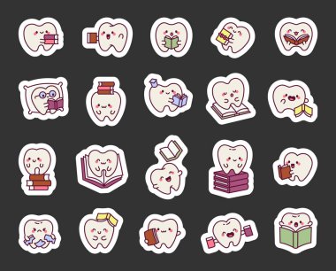 Sevimli diş karakteri seti gülümseyen duyguları gösteriyor kitap okuma aktiviteleri yapıyor gözlük takıyor yastığın üzerinde dinleniyor ve mezuniyet başarısını senin projen için kutluyor.