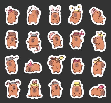 Kalp, anten, tavşan kulağı, yıldız süslemeleri, çiçek aksesuarları, kış kulaklıkları, taç, kızartma tavası, panama, beyzbol şapkası takan Capybara kutlamalar için