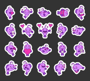 Sevgililer Günü fener balığı seti. Kalpleri, öpücükleri, balonları, kartları, hediyeleri, çiçekleri, pastaları ve mutlu gülümseyen yüzleri olan romantik duyguları gösteren set. Tasarımlarınız için projeler.