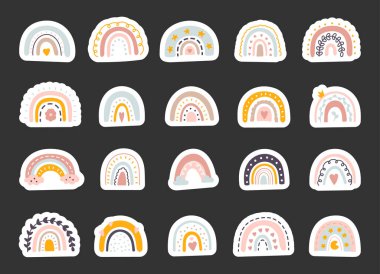 Elle çizilmiş gökkuşağı seti büyüleyici kıvrımlı şekiller İskandinav dekoratif unsurları rahat atmosferik çocuk odası hava durumu temalı çizim tasarımı projeleri için yaratıldı