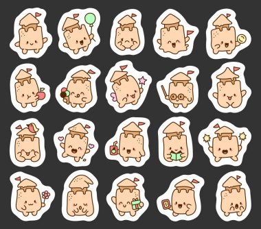 Gülen yüzleri, sallanan bayrakları, balonları tutan, kitap okuyan, meyve suyu içen, hediye veren ve sevgililer günü aşk anlarını kutlayan sevimli kumdan kale karakteri.