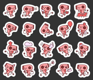 Saç kurutma makinesi, sevimli aktivitelerle hazırlanmış komik tepkiler gülümsemeler, selamlar, dostane, büyülü anlar ve tasarım projeleriniz için yaratıcı pozlar.