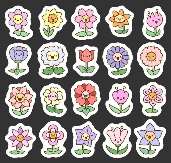 Çiçek seti sevimli karikatürlere sahiptir. Yüzleri olan sevimli bitkiler, neşeli duygular, bahar çiçekleri ve doğal mutlu bahçe resimleriniz ve yaratıcı tasarım projeleriniz için.