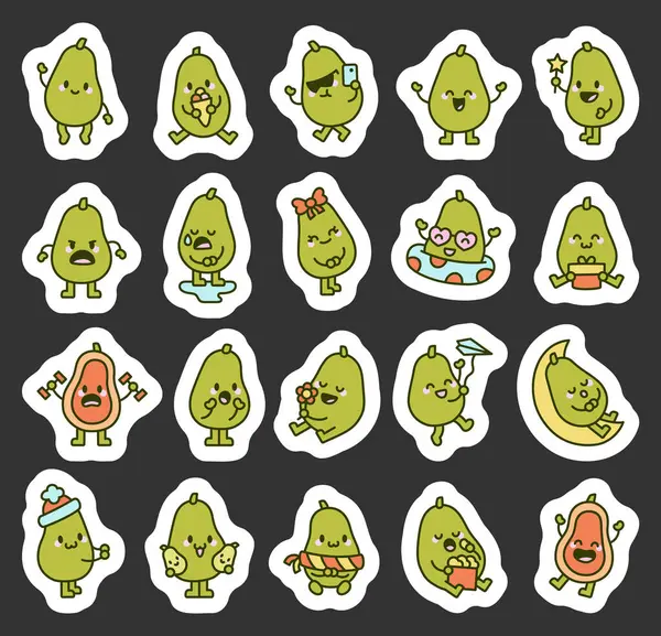 Sevimli gülümseme pozları, dondurma yeme, akıllı telefon tutma, yüzme havuzu, bardaklar, hediye, çiçek gibi projeler içeren Papaya karakter seti.