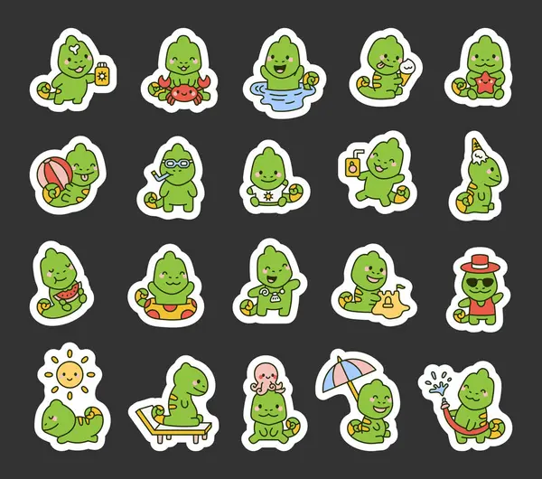 Bukalemun yaz karakteri seti güneş kremiyle eğleniyor, yengeçle oynuyor, dondurma yiyor, şemsiyelerin altında dinleniyor, güneş gözlüğü takıyor ve mutlu deniz maceralarının tadını çıkarıyor.