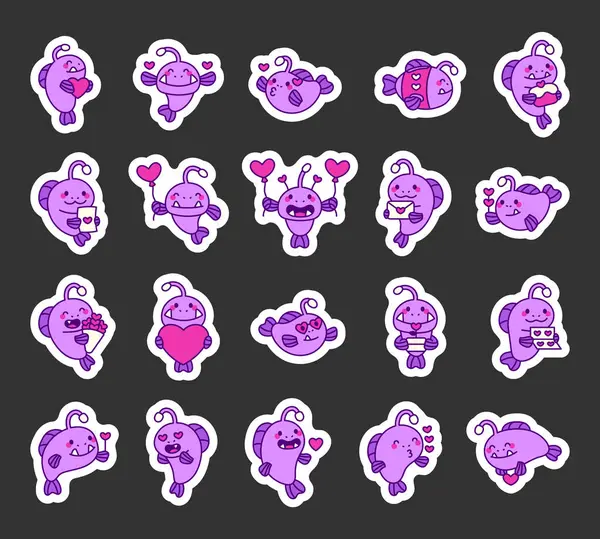 Sevgililer Günü fener balığı seti. Kalpleri, öpücükleri, balonları, kartları, hediyeleri, çiçekleri, pastaları ve mutlu gülümseyen yüzleri olan romantik duyguları gösteren set. Tasarımlarınız için projeler.