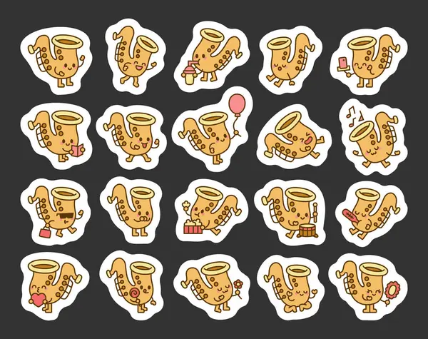 Sevimli duyguları olan saksafon karakteri ve ellerinde hazır kahve bardağı, içki, balon, meditasyon, çiçek, patlamış mısır, akıllı telefon, ayna, lolipop ve kitap aktiviteleri tutan büyüleyici selamlar.