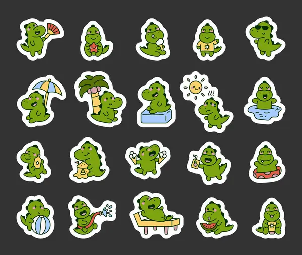 Timsah yaz karakteri seti eğlenceli plaj aktivitelerinin keyfini çıkarıyor. Elinde içkiler, resimlerin ve yaratıcı tasarım projelerin için tatlı karpuz yiyor.