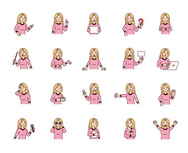 İnsan özelliklerine sahip kadın rehber karakter iletişim, yön, öğretim, düşünme, kutlama ve sizin illüstrasyonunuz için çeşitli duygusal tepkiler gösterir.