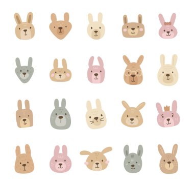 Sevimli çizgi film tavşan yüzü seti ve İskandinav tarzı sevimli hayvan dostu karakter başı çizimleriniz ve yaratıcı tasarım projeleriniz için oluşturuldu.