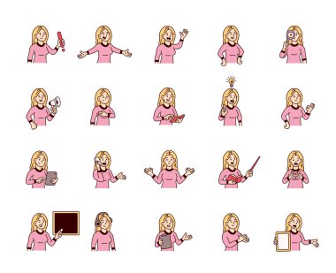 Elleri, kitapları, tabelaları, cihazları, duyguları, iletişimi, sunumu, eğitimi, mesajı, sembolleri, onayı, müziği ve anlamlı insan pozları ile kadın rehber karakter seti