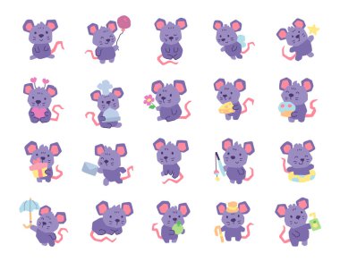 Fare uygulamalı karakter seti yemek, çiçek, kalp, şemsiye, meyve suyu, hediye gibi nesneler taşıyan sevimli hayvanların bulunduğu sevimli İskandinav projeleri için tasarlandı.