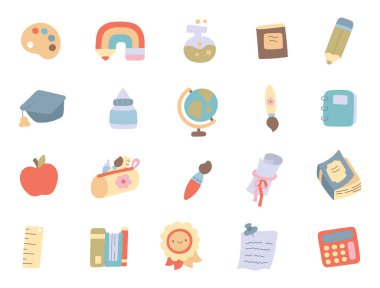 Okul, öğrenim, sınıf yazarlığı, mezuniyet, okuma ve yaratıcı bilgi projeleri için tasarlanmış İskandinav tarzı kırtasiye ve eğitim aracı setinden esinlenmiştir.