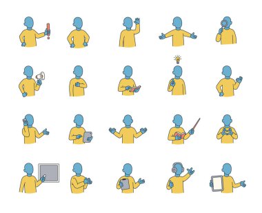Eller, kitaplar, işaretler, cihazlar, duygular, iletişim, sunum, öğretme, okuma, mesaj, semboller, onay, müzik ve anlamlı insan pozları ile soyut kılavuz karakter seti