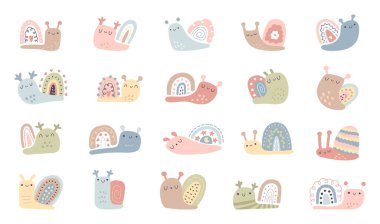 Salyangoz karakteri İskandinav tarzı set hayvan temalı dekorasyonlar, büyüleyici çizgi film unsurları ve el çizimi illüstrasyon ve tasarım projeleri için ilham ile oluşturuldu.