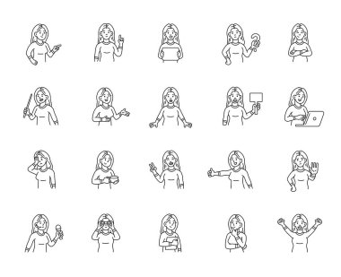 İnsan özelliklerine sahip kadın rehber karakter iletişim, yön, öğretim, düşünme, kutlama ve sizin illüstrasyonunuz için çeşitli duygusal tepkiler gösterir.