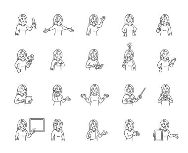 Elleri, kitapları, tabelaları, cihazları, duyguları, iletişimi, sunumu, eğitimi, mesajı, sembolleri, onayı, müziği ve anlamlı insan pozları ile kadın rehber karakter seti