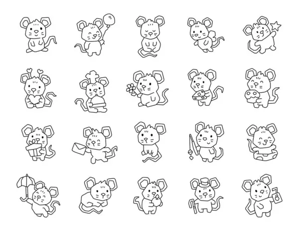 Yemek, çiçek, kalp, şemsiye, meyve suyu, hediye gibi objeler taşıyan sevimli hayvanların olduğu taslak çizgisi projeleri için dizayn edilmiş fare karakter seti