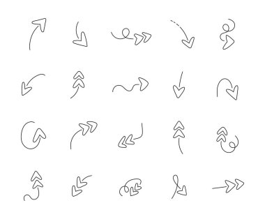 Modern taslak hareket grafikleri ve yön sembolleri için soyut dekoratif eğimli çizgi tasarım elementlerine sahip minimalist oklar