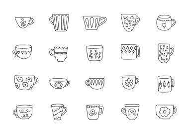 Seramik çanak çömlek unsurları ve ev eşyaları tasarım kullanımı ile mutfak içi projeler için el çizimi kupa ana hatları çizgisi çizimi