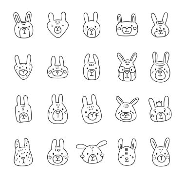 Sevimli çizgi film tavşancığı yüzü çizimi ve çizim sanatı için yaratıldı. Sevimli hayvan dostu karakter kafası çizimleriniz ve yaratıcı tasarım projeleriniz için.