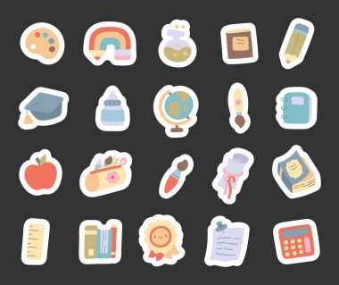 Okul, öğrenim, sınıf yazarlığı, mezuniyet, okuma ve yaratıcı bilgi projeleri için tasarlanmış İskandinav tarzı kırtasiye ve eğitim aracı setinden esinlenmiştir.