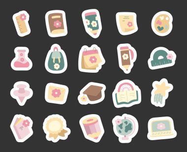 Okul, öğrenim, sınıf yazarlığı, mezuniyet, okuma ve yaratıcı bilgi projeleri için tasarlanmış İskandinav tarzı kırtasiye ve eğitim aracı setinden esinlenmiştir.