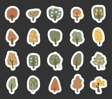 Orman için tasarlanmış stilize ve mevsimsel yapraklara sahip ağaç bahçesi doğası İskandinav tarzı seti. Doğa süslemeleri ve yaratıcı organik doğal tasarım projeleri.