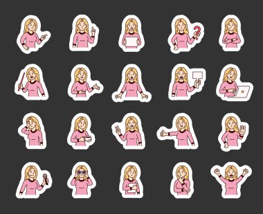 İnsan özelliklerine sahip kadın rehber karakter iletişim, yön, öğretim, düşünme, kutlama ve sizin illüstrasyonunuz için çeşitli duygusal tepkiler gösterir.