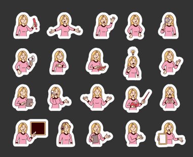 Elleri, kitapları, tabelaları, cihazları, duyguları, iletişimi, sunumu, eğitimi, mesajı, sembolleri, onayı, müziği ve anlamlı insan pozları ile kadın rehber karakter seti