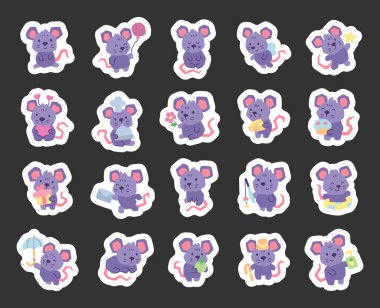 Fare uygulamalı karakter seti yemek, çiçek, kalp, şemsiye, meyve suyu, hediye gibi nesneler taşıyan sevimli hayvanların bulunduğu sevimli İskandinav projeleri için tasarlandı.