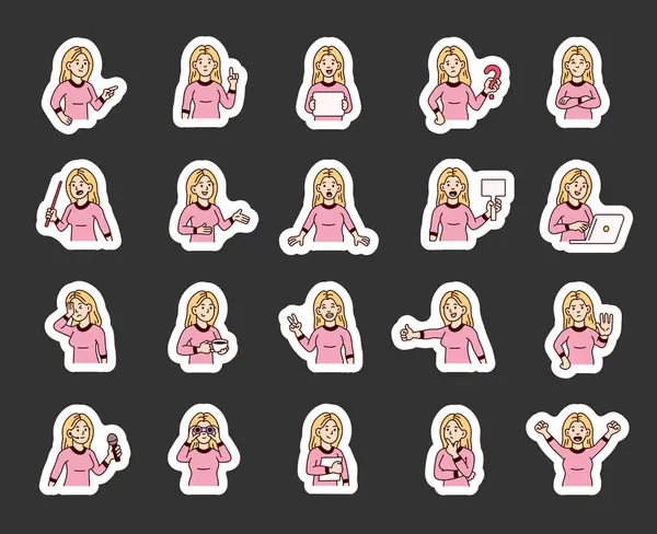 İnsan özelliklerine sahip kadın rehber karakter iletişim, yön, öğretim, düşünme, kutlama ve sizin illüstrasyonunuz için çeşitli duygusal tepkiler gösterir.