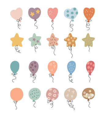 Balon doğum günü partisi tasarımı, yüzen karikatür şekilleriyle büyüleyici İskandinav tarzı dekorasyonlar yaratmak ve illüstrasyonunuz ve yaratıcı kutlama projeleriniz için festival telleri oluşturmak için ayarlandı.