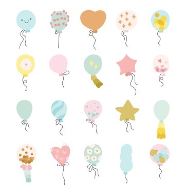 Balon doğum günü partisi tasarımı, yüzen karikatür şekilleriyle büyüleyici İskandinav tarzı dekorasyonlar yaratmak ve illüstrasyonunuz ve yaratıcı kutlama projeleriniz için festival telleri oluşturmak için ayarlandı.