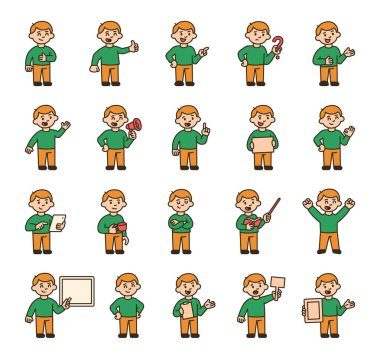 Çocuk rehber karakter tablet, işaretçi, işaretler, jestler, duygular, ifade, duruş ve iletişim sembolleri ile sizin çizimleriniz ve yaratıcı tasarım projeleriniz için ayarlandı