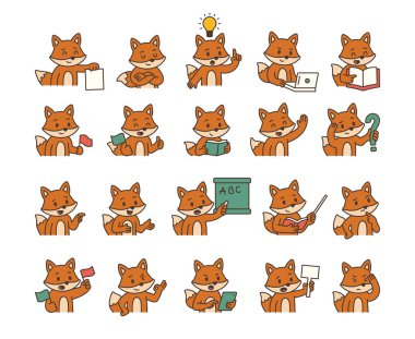 Eğitimsel jestler ve duygusal tepkiler içeren Fox rehber karakteri dizüstü bilgisayar işaretleri tabletleri sizinkiler ve projeleriniz için iletişim araçlarını gösteren işaretler taşıyor.