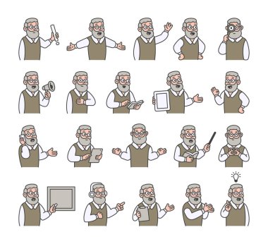 Büyükbaba kılavuz karakter seti eller, kitaplar, işaretler, panolar, cihazlar, duygular, iletişim, sunum, öğretim, okuma, mesaj, semboller, onay, müzik ve anlamlı insan pozları