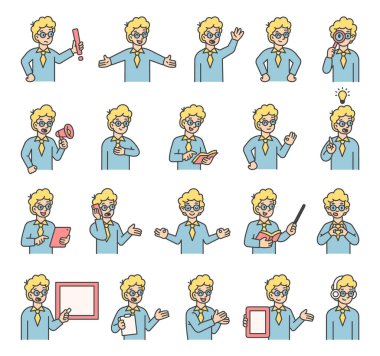 Elleri, kitapları, tabelaları, cihazları, duyguları, iletişimi, sunumu, eğitimi, mesajı, sembolleri, onayı, müziği ve anlamlı insan pozlarını içeren çocuk kılavuz karakteri.