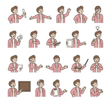 Elleri, kitapları, tabelaları, cihazları, duyguları, iletişimi, sunumu, eğitimi, mesajı, sembolleri, onayı, müziği ve anlamlı insan pozları ile insan kılavuzu karakter seti