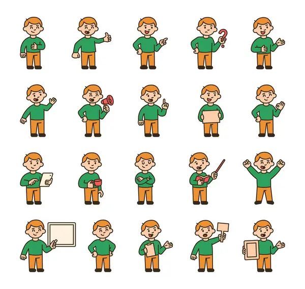 Çocuk rehber karakter tablet, işaretçi, işaretler, jestler, duygular, ifade, duruş ve iletişim sembolleri ile sizin çizimleriniz ve yaratıcı tasarım projeleriniz için ayarlandı