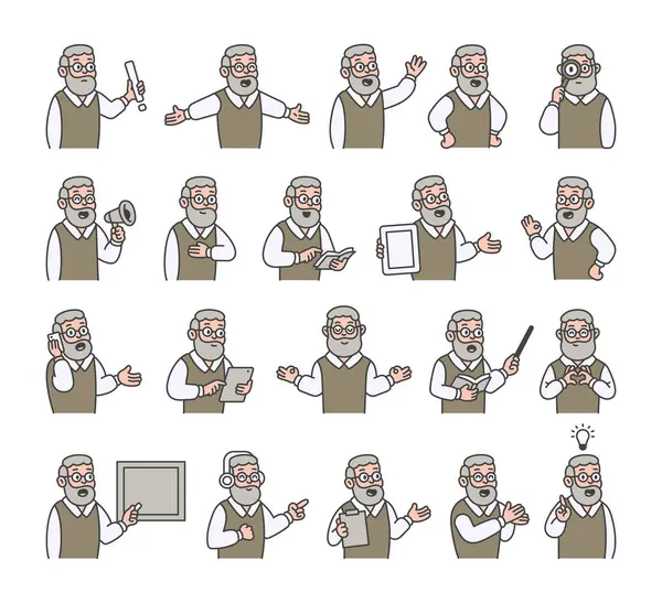 Büyükbaba kılavuz karakter seti eller, kitaplar, işaretler, panolar, cihazlar, duygular, iletişim, sunum, öğretim, okuma, mesaj, semboller, onay, müzik ve anlamlı insan pozları