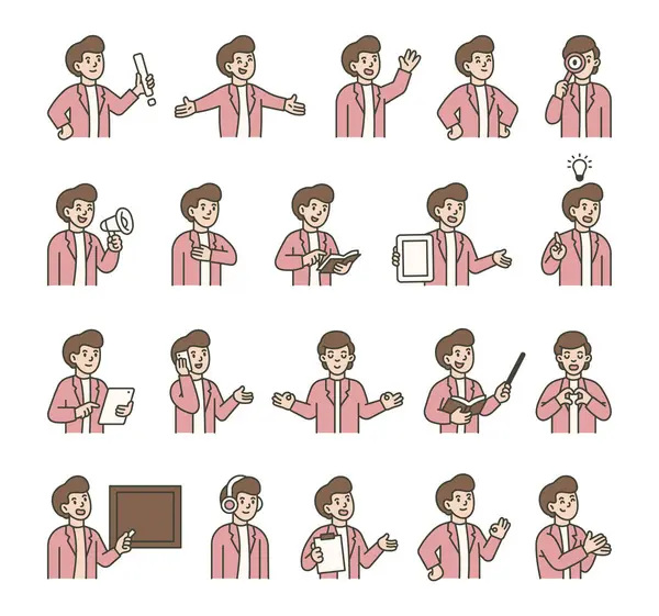 Elleri, kitapları, tabelaları, cihazları, duyguları, iletişimi, sunumu, eğitimi, mesajı, sembolleri, onayı, müziği ve anlamlı insan pozları ile insan kılavuzu karakter seti