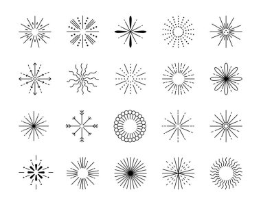 Dekoratif patlama elementleri ince yayılan çizgiler ve soyut kıvılcım şekilleri ile sizin çizimleriniz ve yaratıcı tasarım projeleriniz için özet havai fişek sembolleri olarak düzenlenmiştir.