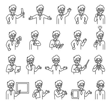 Elleri, kitapları, tabelaları, cihazları, duyguları, iletişimi, sunumu, eğitimi, mesajı, sembolleri, onayı, müziği ve anlamlı insan pozlarını içeren çocuk kılavuz karakteri.